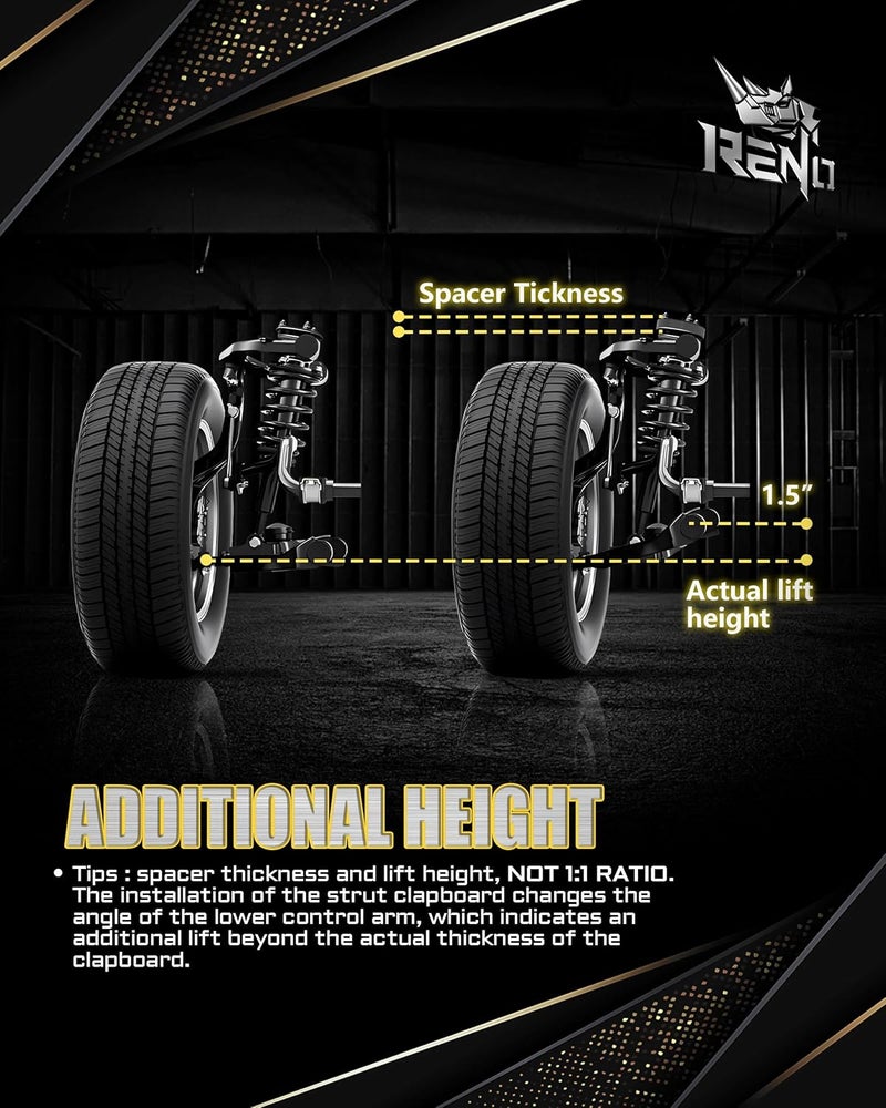 Reno 1.5" Front Leveling Kit Strut Lift Spacers, Aluminium Suspension Lift Spacers Compatible with 2007-2026 Silverado Avalanche Suburban Tahoe 1500 / Sierra Yukon 1500 6-Lug 2WD 4WD (Black, 2Pcs) - Image 2